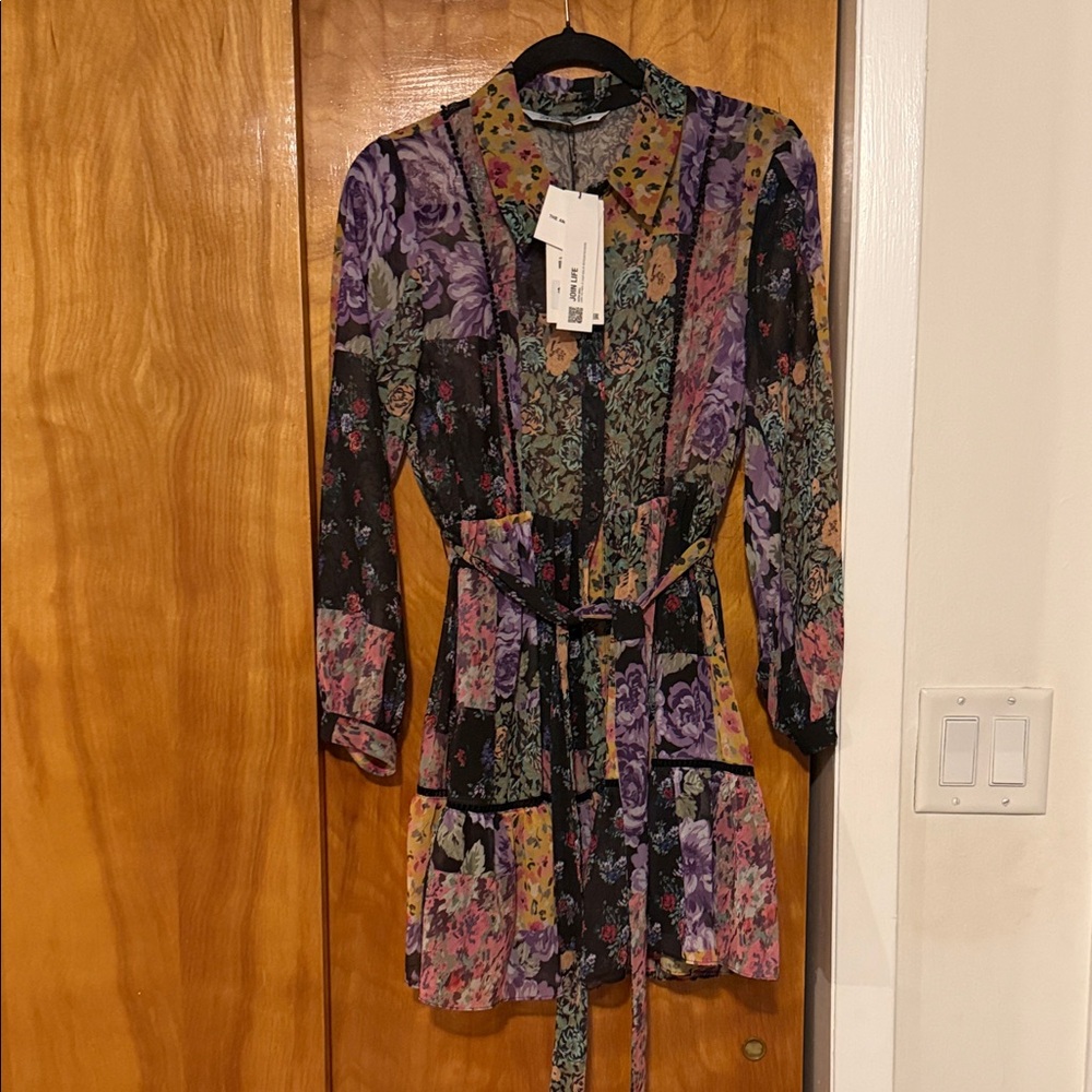 Zara NWT Floral Patchwork Belted Shirt Dress - Purple Multi